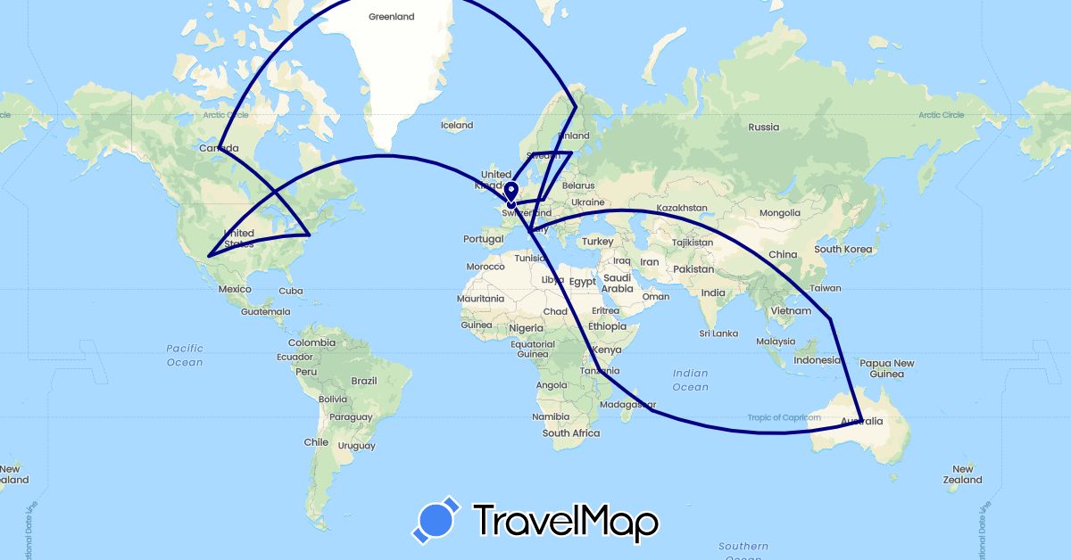 TravelMap itinerary: driving in Australia, Canada, Czech Republic, Finland, France, United Kingdom, Norway, Philippines, Tanzania, United States (Africa, Asia, Europe, North America, Oceania)