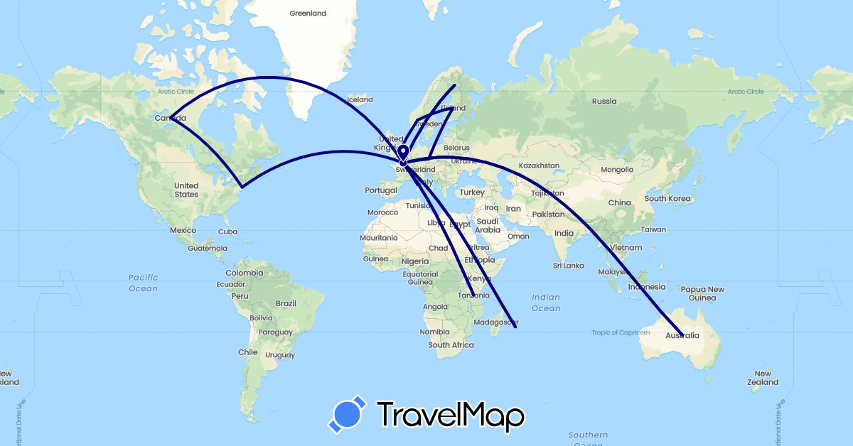 TravelMap itinerary: driving in Australia, Canada, Czech Republic, Finland, France, United Kingdom, Norway, Tanzania, United States (Africa, Europe, North America, Oceania)