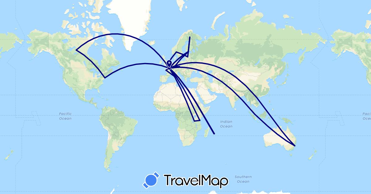 TravelMap itinerary: driving in Australia, Canada, Czech Republic, Germany, Finland, France, United Kingdom, Latvia, Norway, Singapore, Tanzania, United States, Vietnam (Africa, Asia, Europe, North America, Oceania)